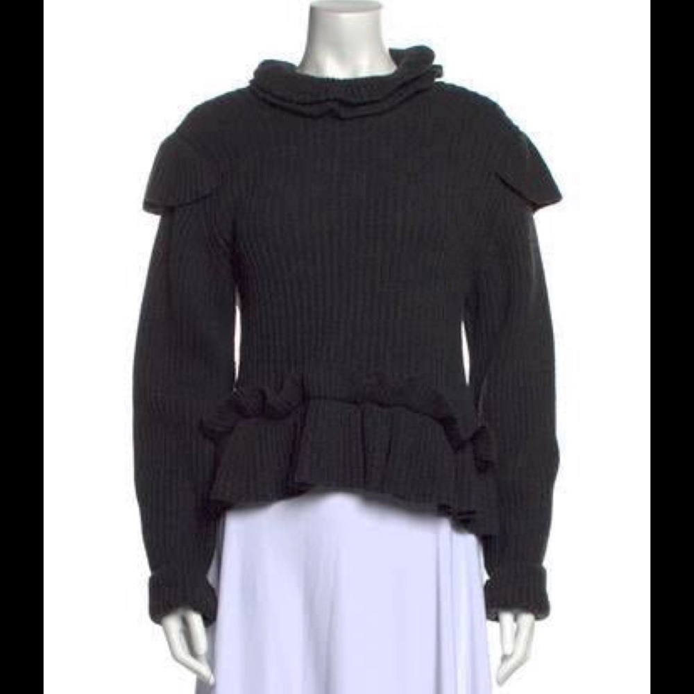 NWT Ganni Recycled Wool Ruffled Rib Knit Frill Open Back Gray Sweater Size: S